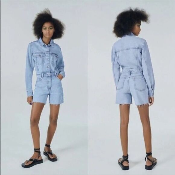 Zara Denim Jumpsuit Long Sleeve Shorts | Size S - Picture 1 of 11